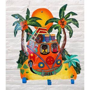 VW Bus Irie Coconut Palms Wall Decor 9" Key Holder Painted Steel Oil Drum Art